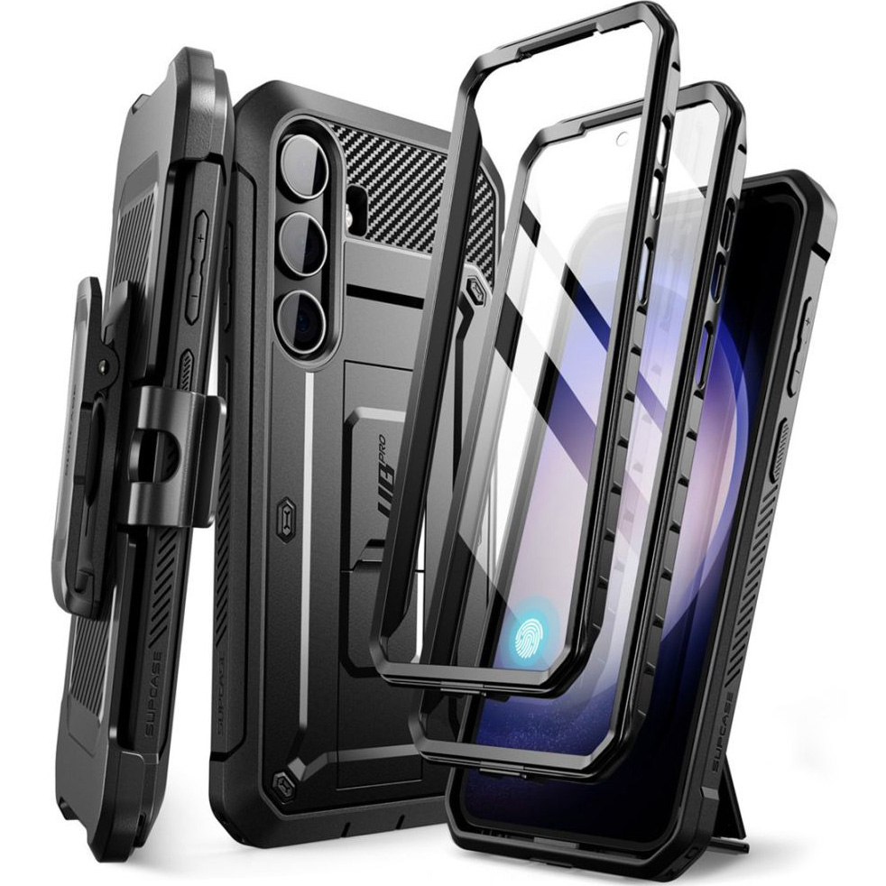 Etui pancerne z osłoną na ekran, z wbudowaną podstawką i kaburą z klipsem obrotowym Supcase Unicorn Beetle Pro do Galaxy S24 Plus, czarne